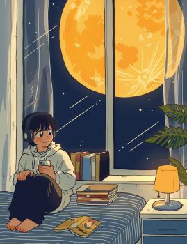 1girl barefoot black_pants blush book book_stack cellphone closed_mouth desk_lamp full_moon headphones highres hood hood_down hoodie indoors lamp long_sleeves moon night on_bed original pants phone short_hair sihyun25 sitting smartphone smile solo sweatpants white_hoodie window