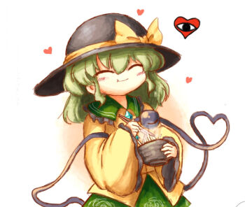 1girl black_hat blush bow bowl buttons chewing chopsticks closed_eyes closed_mouth commentary_request contrast_collar cowboy_shot diamond_button eating floral_print food frilled_shirt_collar frilled_sleeves frills green_hair green_skirt hat hat_bow hat_ribbon heart heart_of_string heripantomorrow highres holding holding_bowl holding_chopsticks komeiji_koishi long_sleeves medium_hair print_skirt ribbon rose_print shirt skirt sleeves_past_wrists solo standing third_eye touhou white_background wide_sleeves yellow_bow yellow_ribbon yellow_shirt