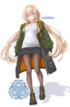 1girl absurdres arazand artist_logo black_shoes black_skirt blonde_hair blue_eyes blush breasts brown_pantyhose collarbone double-parted_bangs expressionless full_body green_jacket hair_between_eyes head_tilt highres jacket logo long_hair long_sleeves medium_breasts open_clothes open_jacket original pantyhose pleated_skirt puffy_long_sleeves puffy_sleeves shadow shirt shoes sidelocks simple_background skirt sneakers solo standing standing_on_one_leg white_background white_shirt