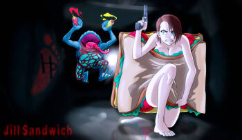 1girl angry bare_legs blue_eyes bread bread_slice breasts brown_hair capcom chasing cheese cleavage clenched_teeth convenient_censoring food frog gun hinca-p hungry hunter_gamma imminent_vore jill_sandwich_(meme) jill_valentine ketchup ketchup_bottle lettuce monster mustard mustard_bottle predator_and_prey resident_evil sandwich short_hair signature teeth tomato tomato_slice weapon you_gonna_get_eaten