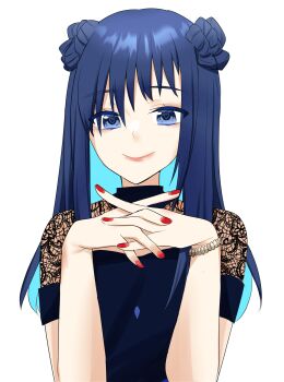 1girl blue_eyes bracelet character_request closed_mouth commentary_request double_bun facing_viewer hair_bun highres indie_virtual_youtuber interlocked_fingers jewelry lace lace_sleeves long_hair nail_polish pink_lips red_nails sakura_yuto smile solo straight_hair transparent_background upper_body