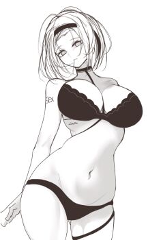 arms_behind_back black_choker bra breasts choker cleavage crow_(nikke) gluteal_fold goddess_of_victory:_nikke greyscale highres hip_bones large_breasts looking_at_viewer monochrome mouth_hold navel panties short_hair sketch stomach_tattoo tattoo underwear unfinished yakii_(yak11)