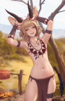 1girl animal_ears antlers bare_tree blonde_hair braid campfire cowboy_shot day fangs feather_necklace flat_chest food fox_ears fox_girl fox_tail half-closed_eyes hands_up highres horns jewelry khiara_(personal_ami) knife lips loincloth looking_at_viewer meat medium_hair navel necklace nose open_mouth original outdoors paid_reward_available personal_ami planted planted_knife planted_weapon rotisserie side_braids signature solo tail tree tree_stump weapon yellow_eyes