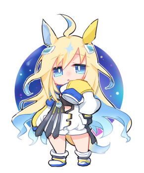 1girl :o ahoge animal_ears beer_hsk blonde_hair blue_eyes blue_hair boots chibi commentary_request full_body hair_between_eyes hand_up horse_ears horse_girl horse_tail jacket long_sleeves multicolored_hair neo_universe_(umamusume) parted_lips puffy_long_sleeves puffy_sleeves sleeves_past_fingers sleeves_past_wrists solo standing tail two-tone_hair umamusume white_boots white_jacket