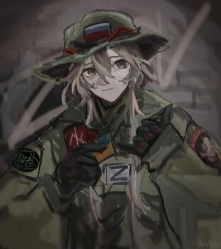 1girl black_gloves blonde_hair blurry blurry_background boonie_hat flag_patch gloves green_hat green_jacket grey_eyes hat highres holding jacket light_smile medium_hair military_combat_uniform military_hat military_uniform morale_patch original persifalli ribbon_of_saint_george ruins russian_flag russian_ground_forces russo-ukrainian_war shaka_sign soldier translated trophy ukrainian_flag z_(russian_symbol)