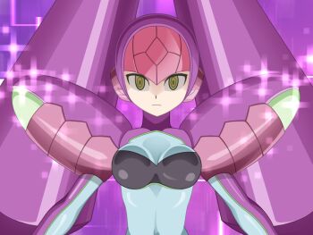1girl armor bodysuit breasts cleavage em_wave_change_(mega_man) green_eyes helmet henshin k0n0n luna_platz_(mega_man) mega_man_(series) mega_man_star_force_(series) mind_control multicolored_bodysuit purple_background purple_helmet queen_ophiuca_(mega_man) shoulder_armor sparkle two-tone_bodysuit
