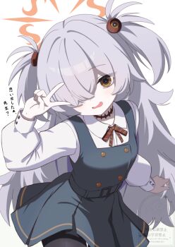 1girl aqua_belt aqua_dress artexyan belt black_pantyhose blue_archive blush brown_ribbon buttons collared_shirt commentary_request cowboy_shot double-breasted dress dress_shirt eyeball_hair_ornament grey_hair hair_over_one_eye halo hand_up head_tilt kanoe_(blue_archive) long_bangs long_hair long_sleeves looking_at_viewer neck_ribbon one_eye_covered open_mouth orange_halo pantyhose pinafore_dress puffy_long_sleeves puffy_sleeves ribbon school_uniform shirt simple_background sleeveless sleeveless_dress smile solo spiked_hair translated two_side_up v v_over_eye very_long_hair watermark white_background white_shirt