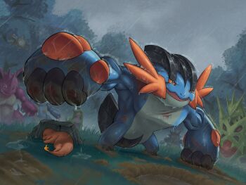 black_eyes blood bright_pupils charmander colored_sclera commentary_request cuts fire flame-tipped_tail gen_1_pokemon gen_2_pokemon gen_3_pokemon gen_7_pokemon highres injury magnemite mega_pokemon mega_swampert mega_tyranitar mujiao nidoking nidoqueen nintendo no_humans open_mouth orange_sclera outdoors pokemon pokemon_(creature) rain rhydon swampert tail tsareena tyranitar water wet