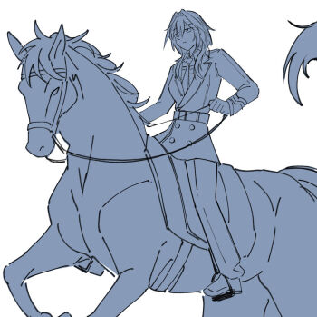 1girl bridle commentary english_commentary hair_intakes holding holding_reins hololive hololive_english horse horseback_riding monica_mtna ouro_kronii reins riding short_hair virtual_youtuber