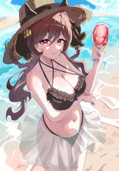1girl alternate_costume animal_ears arm_under_breasts bare_shoulders beach bikini black_bikini blue_sky braid braided_hair_rings breasts brown_hair cleavage collarbone commentary_request cup ear_covers ears_through_headwear falibd frilled_bikini frills gentildonna_(umamusume) groin hair_between_eyes hair_rings hat highres holding holding_cup horse_ears horse_girl horse_tail large_breasts long_hair looking_at_viewer navel ocean outdoors red_eyes see-through_clothes see-through_skirt skirt sky smile solo stomach straw_hat sun_hat swimsuit tail umamusume water