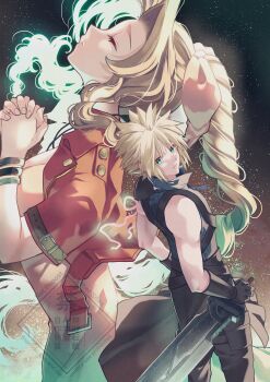 1boy 1girl absurdres aerith_gainsborough aqua_eyes arestear0701 arm_ribbon armor artist_name bangle black_cape black_gloves black_pants black_vest blonde_hair bracelet braid braided_ponytail brown_hair cape choker closed_eyes closed_mouth cloud_strife dress final_fantasy final_fantasy_vii final_fantasy_vii:_advent_children final_fantasy_vii_rebirth final_fantasy_vii_remake fusion_swords gloves hair_ribbon highres holding holding_sword holding_weapon jacket jewelry lifestream long_hair own_hands_clasped own_hands_together pants parted_bangs pauldrons pink_dress pink_ribbon praying red_jacket ribbon ribbon_choker short_hair short_sleeves shoulder_armor sidelocks single_bare_shoulder single_braid single_pauldron spiked_hair sword upper_body vest waist_cape weapon