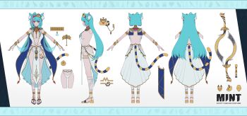 1girl absurdres alternate_costume ancient_egyptian_clothes animal_ear_fluff animal_ears aqua_hair cat_ears cat_girl cat_tail closed_mouth commentary_request highres long_hair looking_at_viewer mint_(nte) multicolored_hair naeaemgung neverness_to_everness panties pink_eyes pink_hair reference_sheet smile solo tail two-tone_hair underwear very_long_hair white_panties