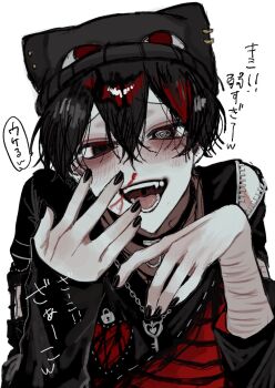 1boy :d @_@ \\// aegyo_sal arm_warmers black_arm_warmers black_eyes black_hair black_jacket black_nails blood commentary crossed_bangs double-parted_bangs fang grin hair_between_eyes hand_on_own_face hand_up hat highres hosikage4040 jacket jewelry looking_at_viewer male_focus necklace nosebleed o-ring_collar open_mouth original scar scar_on_arm self-harm short_hair smile solo symbol-only_commentary translation_request upper_body wrist_cutting