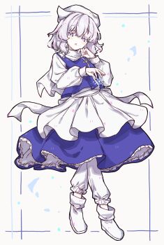 1girl apron blue_shirt blue_skirt commentary_request full_body highres lapel_pin letty_whiterock long_sleeves looking_at_viewer medium_hair okura_0915 original shirt skirt solo touhou waist_apron white_background white_hair