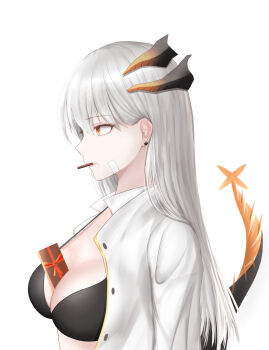 Rule 34 | 1girl, absurdres, arknights, breasts, cleavage, dragon girl, dragon horns, dragon tail, food, food in mouth, grey hair, highres, horns, long hair, looking at another, medium breasts, open clothes, open shirt, orange eyes, parted lips, pocky, pocky in mouth, profile, saria (arknights), shirt, solo, tail, upper body, white background, white shirt, woon