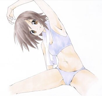 1girl bra breasts brown_eyes brown_hair cleavage cropped_legs fang grey_bra grey_panties highres invisible_floor kusakabe_misao lucky_star panties shiki_59 simple_background sitting smile spiked_hair stretching towel towel_around_neck underwear white_background