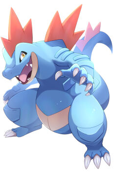 claws commentary_request feraligatr full_body gen_2_pokemon highres nintendo no_humans open_mouth pokemon pokemon_(creature) pokemon_focus rumine_(yoshi1234567) simple_background solo teeth tongue white_background yellow_eyes