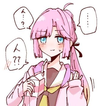 ... 1girl ahoge anyoji_hime black_ribbon blonde_hair blue_eyes blunt_bangs blush brown_dress closed_mouth commentary_request dress drink_carton drinking_straw embarrassed gradient_hair hair_intakes hair_ribbon hasu_no_sora_school_uniform holding holding_milk_carton hood hooded_jacket jacket link!_like!_love_live! long_hair long_sleeves love_live! milk_carton momiji_(moj_0404) multi-tied_hair multicolored_hair neckerchief nervous_smile open_clothes open_jacket pink_hair pink_jacket ponytail ribbon sailor_collar sailor_dress school_uniform sidelocks simple_background sleeves_past_wrists smile solo split_mouth spoken_ellipsis swept_bangs translation_request upper_body very_long_hair virtual_youtuber white_background white_sailor_collar winter_uniform yellow_neckerchief