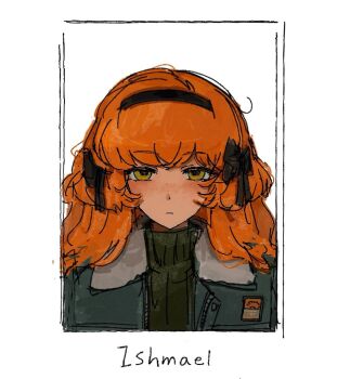 Rule 34 | 1girl, black hairband, black ribbon, blue jacket, closed mouth, freckles, green sweater, hair ribbon, hairband, herbbbbby, ishmael (project moon), jacket, limbus company, long hair, orange hair, portrait, project moon, ribbon, simple background, solo, sweater, turtleneck, turtleneck sweater, very long hair, white background