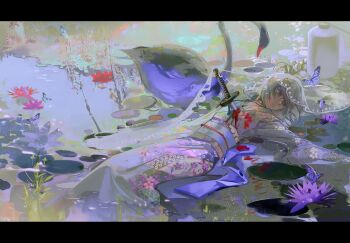1girl absurdres back_bow bird blood blood_on_clothes blue_bow blue_butterfly blue_sash bow bug butterfly chinese_commentary closed_mouth commentary_request floral_print flower grey_eyes grey_hair grey_kimono highres insect japanese_clothes kimono letterboxed lily_pad long_sleeves lying obi on_back original print_kimono purple_flower red_flower sash solo stab swan sword variant_set veil water weapon xixun
