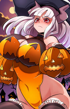 1girl alternate_costume breasts cleavage demon_girl demon_horns demon_tail dress fujioka_yatsufusa gloves halloween halloween_costume hat helltaker highres holding holding_pumpkin horns jack-o&#039;-lantern jack-o&#039;-lantern_print large_breasts long_hair looking_at_viewer lucifer_(helltaker) mole mole_under_eye pumpkin red_eyes solo tail thighhighs white_hair white_horns witch witch_hat