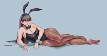 Rule 34 | 1girl, absurdres, animal ear hairband, animal ears, black bow, black bowtie, black leotard, bow, bowtie, breasts, brown pantyhose, detached collar, fake animal ears, fishnet pantyhose, fishnets, glasses, grey eyes, hairband, highres, large breasts, leotard, lying, on side, original, pantyhose, playboy bunny, purple eyes, rabbit ears, senna (sennartx), solo, strapless, strapless leotard, thick thighs, thighs, wrist cuffs