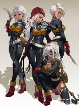 Rule 34 | 4girls, asymmetrical legwear, bag, black bodysuit, bodysuit, boots, breasts, cleavage, commentary request, dagger, dark-skinned female, dark skin, dragon quest, dragon quest iii, earrings, gloves, grappling hook, headband, high heel boots, high heels, highres, holding, holding dagger, holding knife, holding sack, holding sickle, holding weapon, jewelry, kneeling, knife, long hair, looking at viewer, mask, mouth mask, multiple girls, necklace, official alternate hairstyle, over shoulder, pearl necklace, red boots, red gloves, rope, sack, sack behind back, sariyu (user cjpu8287), satchel, short hair, sickle, sphere earrings, thief (dq3), thigh gap, weapon, whip, white hair