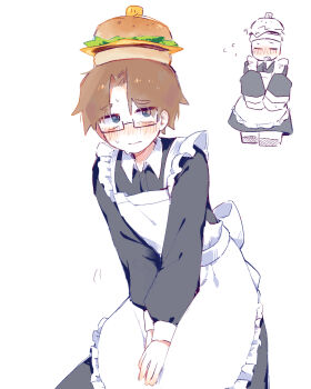 007n7_(roblox) 1boy alternate_costume animification apron back_bow black-framed_eyewear black_dress blue_eyes blush bow brown_hair burger buttons closed_mouth collared_dress commentary contrast_collar cowboy_shot crossdressing crossdressing_(mtf) curtained_hair dress embarrassed enmaided eyes_visible_through_hair flying_sweatdrops food food-themed_hat forsaken_(roblox) frilled_apron frills frion622 glasses hair_behind_ear highres kneeling leaning_forward long_dress long_sleeves maid maid_apron male_focus nervous nervous_sweating nose_blush own_hands_together pale_skin puffy_long_sleeves puffy_sleeves rectangular_eyewear roblox semi-rimless_eyewear short_hair simple_background solo sweat symbol-only_commentary upturned_eyes v_arms very_short_hair white_apron white_background white_bow