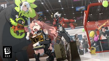 1boy 2girls amillion_(zenless_zone_zero) anby_demara billy_kid black_ribbon chain chinese_commentary closed_eyes commentary_request copyright_logo copyright_name earrings hair_ornament hairclip handheld_electric_fan highres humanoid_robot jacket jewelry logo long_hair multiple_girls nicole_demara official_art open_clothes open_jacket open_mouth pink_hair red_jacket ribbon robot robot_boy sparkle spiked_hair squatting sweatdrop white_hair zenless_zone_zero