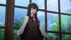 1girl animated anime_screenshot black_hair bouncing_breasts breasts brown_dress collared_shirt dress highres large_breasts long_hair pinafore_dress purple_eyes red_ribbon ribbon school_uniform shirt sleeveless sleeveless_dress solo spy_kyoushitsu tagme thea_(spy_kyoushitsu) video white_shirt window