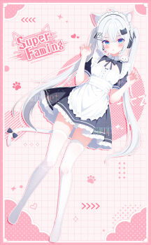1girl absurdres ahoge animal_ear_fluff animal_ears apron black_bow black_bowtie black_dress blue_eyes blush border bow bowtie breasts cat_ears cat_girl cat_hair_ornament cat_tail claw_pose cleavage_cutout clothing_cutout commentary_request commission dress frilled_dress frills full_body grey_hair grid_background hair_between_eyes hair_ornament headphones highres long_hair looking_at_viewer maid maid_apron maid_headdress ohako_miyu open_mouth original outline pink_background pink_border pink_bow puffy_short_sleeves puffy_sleeves sample_watermark short_sleeves small_breasts solo tail tail_bow tail_ornament thighhighs twintails very_long_hair watermark white_apron white_outline white_thighhighs