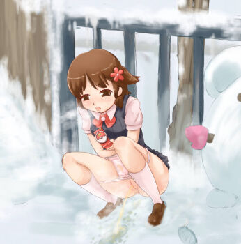 1girl anus bad_id bad_pixiv_id black_dress blush bow bowtie breasts breath brown_eyes brown_hair brown_shoes cleft_of_venus dress flower footprints gen_2_pokemon hair_flower hair_ornament holding holding_pokedex lass_(pokemon) lass_(pokemon_hgss) looking_down marill metal_fence mittens nintendo open_mouth panties panty_pull pee_stain peeing pink_panties pink_shirt pokedex pokemon pokemon_(creature) pokemon_hgss puddle pussy red_bow red_bowtie shirt shoes short_hair short_sleeves sleeveless sleeveless_dress small_breasts snow snow_sculpture socks squatting stained_panties steam teeth tree uncensored underwear wet wet_clothes wet_panties white_socks yuno_(mioalice)