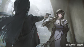 Rule 34 | 2girls, aiming, arms behind back, black coat, black gloves, black hair, black jacket, blunt bangs, blunt ends, blurry, blurry background, character request, coat, facing away, fingerless gloves, floating hair, flower, from behind, gloves, gun, hair flower, hair ornament, highres, hime cut, holding, holding gun, holding weapon, jacket, japanese clothes, kimono, long hair, looking at another, multiple girls, obi, obijime, official art, outstretched arm, punishing: gray raven, purple eyes, sash, upper body, watermark, weapon, weibo watermark, white kimono, xtears kitsune