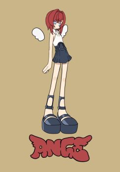 1girl ange_katrina ange_katrina_(2nd_costume) bare_arms black_sandals black_skirt blue_eyes bright_pupils brown_background character_name collared_shirt commentary_request detached_wings flat_chest full_body hair_intakes hair_ornament high-waist_skirt highres large_feet looking_at_viewer medium_hair miniskirt multicolored_eyes nanaya_78_nana nijisanji no_mouth pink_eyes platform_sandals pleated_skirt red_hair sandals shirt shirt_tucked_in sidelocks simple_background skirt sleeveless sleeveless_shirt solo standing triangle_hair_ornament two-tone_eyes virtual_youtuber white_pupils white_wings wings