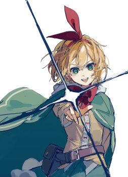 1girl :d absurdres belt_pouch blonde_hair cloak commentary cowboy_shot green_cloak green_eyes hair_between_eyes hairband highres kurattes looking_at_viewer open_mouth petra_leyte pointing pointing_at_viewer pouch re:zero_kara_hajimeru_isekai_seikatsu red_hairband red_ribbon ribbon simple_background smile white_background