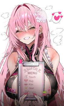 1girl absurdres bare_shoulders black_leotard blush breast_bondage breasts censored clipboard commentary earrings english_text flower goddess_of_victory:_nikke green_eyes hair_flower hair_ornament heart heart_earrings heart_tattoo highres holding holding_clipboard holding_menu interlocked_mars_and_venus_symbols iwazaki jewelry large_breasts leotard long_hair looking_at_viewer mars_symbol menu mole mole_under_eye mosaic_censoring name_tag pasties pink_hair pink_nails revision shibari shibari_over_clothes simple_background smile solo spoken_heart steam steaming_body tattoo velvet_(nikke) venus_symbol very_long_hair white_background