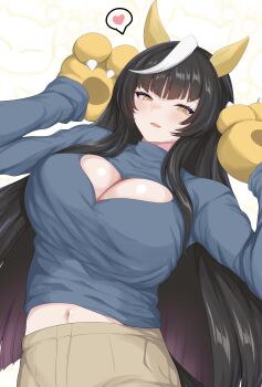 1girl absurdres animal_hands black_hair blue_shirt blush breasts brown_pants calstone_light_o_(umamusume) cleavage cleavage_cutout clothing_cutout commentary_request cowboy_shot gloves heart heart_cutout highres hisagi_(hisagi00) horse_girl large_breasts long_hair long_sleeves looking_at_viewer navel open_mouth pants paw_gloves shirt smile solo spoken_heart umamusume very_long_hair white_background