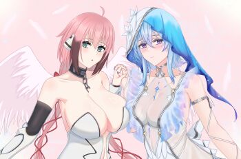 2girls 995080356 ahoge angel_wings asymmetrical_docking bare_shoulders black_hair blue_hair blue_nails blush breast_press breasts chain cleavage collarbone commentary_request gradient_hair green_eyes hair_ribbon highres holding_hands huge_breasts ikaros long_hair low_twintails multicolored_hair multiple_girls parted_lips pink_hair purple_eyes red_ribbon ribbon robot_ears shorekeeper_(wuthering_waves) sora_no_otoshimono twintails upper_body very_long_hair white_wings wings wuthering_waves
