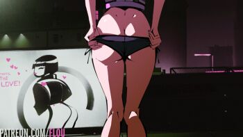 1girl anal anal_object_insertion animated animated_gif anus ass ass_focus bent_over billboard bottomless butt_plug city_lights cleft_of_venus commentary cyberpunk_(series) cyberpunk_2077 dimples_of_venus english_commentary feet_out_of_frame flou_(flou_art) heart kneepits legs lower_body mooning night object_insertion panties panty_pull patreon_username pussy sex_toy shirt short_hair side-tie_panties solo standing thighs underwear