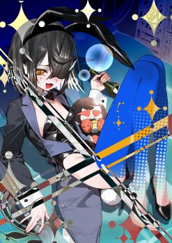 1girl absurdres animal_ears black_hair black_jacket black_leotard blue_thighhighs blush bottle bow bowtie breasts brown_eyes coattails detached_collar drunk fake_animal_ears fake_tail fate/grand_order fate_(series) hair_over_one_eye highleg highleg_leotard highres jacket kitsunebi44410 lady_yu_doll leotard long_sleeves looking_at_viewer mole mole_under_eye open_mouth playboy_bunny rabbit_ears rabbit_tail short_hair small_breasts smile solo tail thighhighs tray wine_bottle wrist_cuffs xu_fu_(fate)