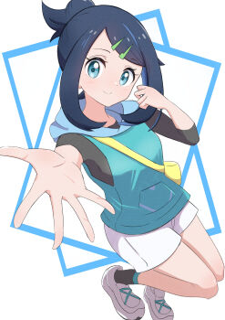 1girl absurdres bag black_hair black_socks blue_eyes closed_mouth commentary eyelashes green_vest hair_ornament hairclip head_tilt highres hood hood_down hooded_vest hoodie liko_(pokemon) nintendo outstretched_hand pokemon pokemon_(anime) pokemon_horizons rono_(lethys) shirt shoes shorts shoulder_bag sidelocks smile socks solo spread_fingers swept_bangs vest white_shoes white_shorts yellow_bag