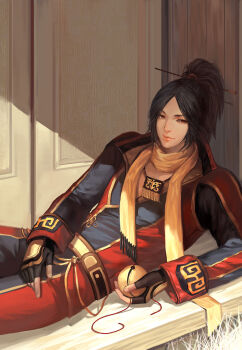 1boy bell black_hair bodysuit closed_mouth commentary_request fingerless_gloves gloves hair_ornament hair_stick highres holding holding_bell kdash ling_tong_(shin_sangoku_musou) long_hair male_focus ponytail reclining sangoku_musou_1 scarf shin_sangoku_musou solo