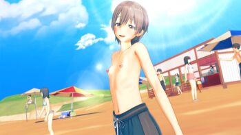2boys 3d 6+girls artist_request beach bikini blue_male_swimwear blue_sky blue_swim_trunks blurry blurry_background blush covered_erect_nipples crossdressing drawstring flat_chest grey_eyes grey_hair happy highres idolmaster idolmaster_cinderella_girls male_swimwear male_swimwear_challenge multiple_boys multiple_girls nipples otokura_yuuki reverse_trap sand sky smile source_request standing swim_trunks swimsuit tagme topless_female