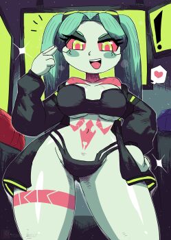! 1girl absurdres black_bra black_jacket black_panties blue_skin blush bra breasts colored_sclera colored_skin cyberpunk_(series) cyberpunk:_edgerunners cyborg green_eyes green_hair hair_ornament hand_on_own_hip heart highres jacket large_breasts leg_tattoo long_hair long_sleeves looking_at_viewer navel open_clothes open_jacket open_mouth panties pink_sclera rebecca_(cyberpunk) screen smile sparkle speech_bubble spoken_heart standing stomach_tattoo tattoo teeth thick_thighs thighs tony_welt twintails underwear wide_hips
