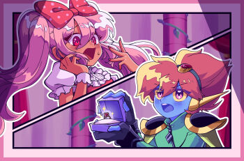 Rule 34 | 1boy, 1girl, black gloves, blue skin, bow, captain spaceboy, colored sclera, colored skin, commentary request, dark-skinned female, dark skin, fingerless gloves, gloves, hair bow, highres, jewelry, long hair, long sleeves, marriage proposal, omori, pink bow, pink eyes, pink hair, pink nails, polka dot, polka dot bow, puffy short sleeves, puffy sleeves, red eyes, ring, ring box, short hair, short sleeves, sweetheart (omori), teeth, twintails, upper teeth only, yellow sclera, zabalam inana, zipper, zipper pull tab