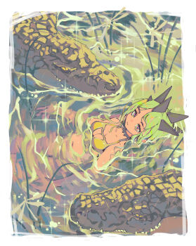 1girl :3 absurdres alligator alligator_girl bikini breasts bright_pupils choker cleavage clip_studio_paint_(medium) commentary crocodilian dark-skinned_female dark_skin english_commentary eudetenis eyelashes fingernails floating_on_back green_hair green_scales green_theme highres horns long_fingernails long_hair looking_at_viewer lying_on_water multiple_horns navel original parted_bangs purple_eyes ripples sharp_fingernails sharp_teeth signature slit_pupils small_breasts swimming swimsuit teeth water wavy_hair wet wetland white_pupils yellow_bikini yellow_eyes