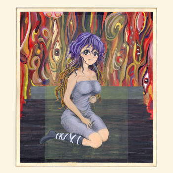 black_socks blonde_hair blush_stickers breasts commentary_request dress gradient_hair grey_dress hijiri_byakuren kams kneeling large_breasts looking_at_viewer multicolored_hair purple_hair ribbon smile socks touhou traditional_media white_ribbon yellow_eyes