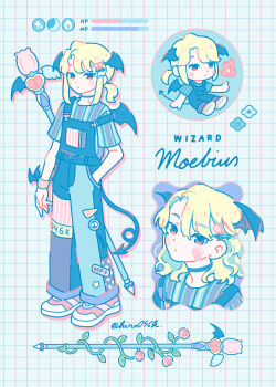 1girl blonde_hair blue_overalls blue_shirt blush_stickers character_name chibi chibi_only closed_mouth commentary demon_girl demon_tail demon_wings dot_nose full_body hand_in_pocket head_wings health_bar highres hiro046k looking_at_viewer multiple_views original overalls parted_bangs pink_shoes red_eyes shirt shoes short_hair short_sleeves sidelocks staff standing strap_slip striped_clothes striped_shirt tail twitter_username vertical-striped_clothes vertical-striped_shirt wings wizard
