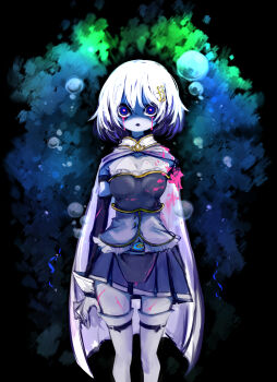 abstract_background absurdres arm_strap bleeding blood blood_stain bloody_tears blue_eyes blue_skirt blue_sleeves bubble buttons cape collarbone colored_skin cuts damenano104 detached_sleeves diamond_button fortissimo frills gloves hair_ornament highres injury long_sleeves magical_girl mahou_shoujo_madoka_magica mahou_shoujo_madoka_magica_(anime) miki_sayaka miki_sayaka_(magical_girl) missing_limb musical_note musical_note_hair_ornament open_mouth pink_blood pleated_skirt shirt short_hair skirt soul_gem strapless strapless_shirt thighhighs white_cape white_gloves white_hair white_shirt white_skin white_thighhighs