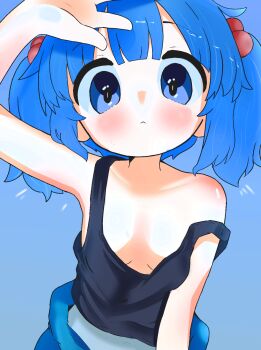 Rule 34 | 1girl, bare shoulders, black tank top, blue eyes, blue hair, blush, breasts, cleavage, closed mouth, collarbone, hair bobbles, hair ornament, hand up, highres, kawashiro nitori, looking at viewer, mahorock0409, midriff, simple background, small breasts, solo, strap slip, tank top, touhou, zivmf
